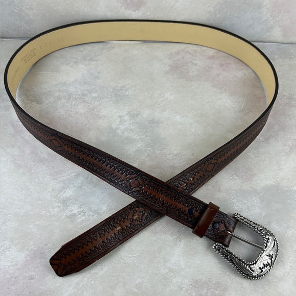 Men's Genuine Brown Leather Western‎ Belt 46/115 Made in the USA - Picture 1 of 15